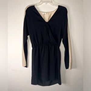 Parker Women's Black and Cream Silk V Neck Mini Dress Medium Quiet Luxury Party